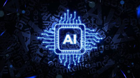 Glowing AI chipset processor with scattered text background. Digital technology wallpaper of artificial intelligence. Futuristic CPU circuit concept in the neon light style
