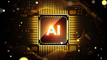 Procesador de chipset AI brillante y circuitos. CPU futurista de inteligencia artificial con placa base. Conceptos de ilustración de tecnología digital
