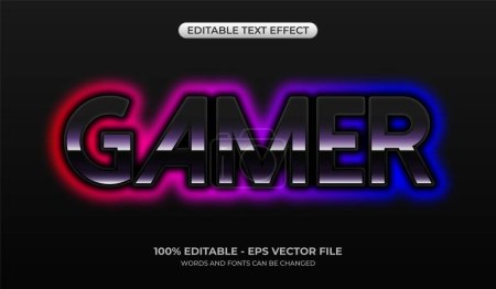 Glowing neon futuristic gamer text effect. Editable glossy jet-black graphic styles. 3d gamer font mockup with red and blue gradient neon color