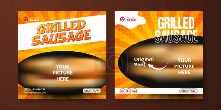 Grilled sausage Instagram posts template. Food social media background. Orange background for banner advertising