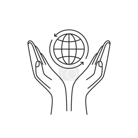 Foto de Delgada línea de manos sosteniendo globo como icono de la logística. diseño gráfico simple elemento abstracto para web y negocios. concepto de símbolo lineal de tierra moderna en el brazo humano o insignia de bola de planeta mínimo - Imagen libre de derechos