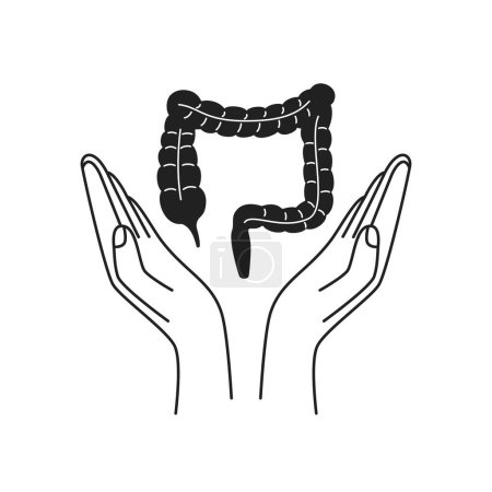 black intestinal tract with thin line hands. web simple linear element for graphic outline design or internet medical website. internal intestinal tract wellbeing badge or healthcare in human life