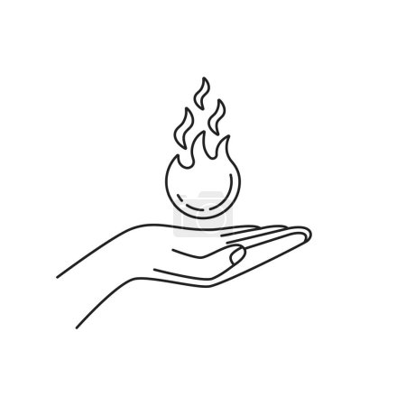 Téléchargez les illustrations : Icône de foi avec main linéaire et flamme. brûler des kilocalories ou trouver la bonne façon comme la silhouette du bras avec un feu de joie. concept de charité humaine ou de don pour la conception graphique ou esquisse simple élément web - en licence libre de droit