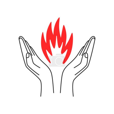 Menschenhände mit Feuer wie Gottes Segen. menschliche Wohltätigkeit oder Spendenkonzept für Grafikdesign oder umreißen Web-Element. Kilokalorien verbrennen oder den richtigen Weg finden wie Armsilhouette mit Lagerfeuer