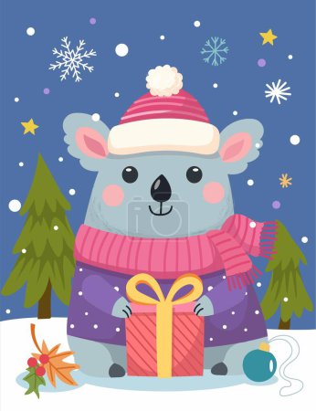Téléchargez les illustrations : Joyeux Noël et bonne année 2024 Illustrations vectorielles à la mode de cartes de vacances avec forêt, koala, cerf, lettrage, sapin de Noël et pin. Dessin pour affiche - en licence libre de droit