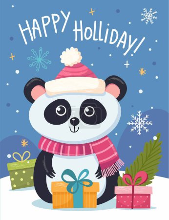 Ilustración de Feliz Navidad y Feliz Año Nuevo 2024 Vector ilustraciones de moda de tarjetas de vacaciones con bosque, panda, ciervos, letras, árbol de Navidad y pino. Dibujo para cartel - Imagen libre de derechos