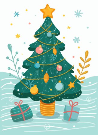 Téléchargez les illustrations : Joyeux Noël et bonne année 2024 Illustrations vectorielles à la mode de cartes de vacances avec forêt, sapin de Noël, lettrage, sapin de Noël et pin. Dessin pour affiche - en licence libre de droit