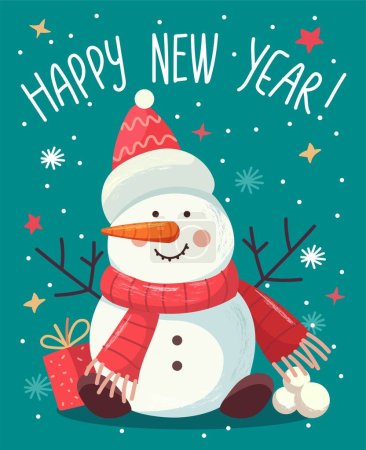 Téléchargez les illustrations : Joyeux Noël et bonne année 2024 Illustrations vectorielles à la mode de cartes de vacances avec forêt, bonhomme de neige, lettrage, sapin de Noël et pin. Dessin pour affiche - en licence libre de droit