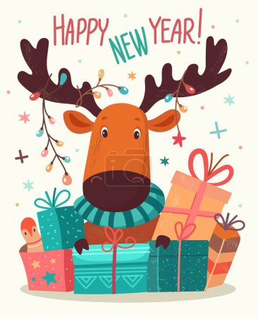 Téléchargez les illustrations : Joyeux Noël et bonne année 2024 Illustrations vectorielles à la mode de cartes de vacances avec forêt, cerf, cadeau, lettrage, sapin de Noël et pin. Dessin pour affiche - en licence libre de droit
