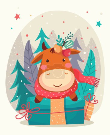 Téléchargez les illustrations : Joyeux Noël et bonne année 2024 Illustrations vectorielles à la mode de cartes de vacances avec forêt, vache, lettrage, sapin de Noël et pin. Dessin pour affiche - en licence libre de droit