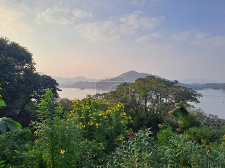 Photo for Beautiful view of Fateh Sagar Lake and mountains behind trees in Udaipur, Rajasthan, India - Royalty Free Image
