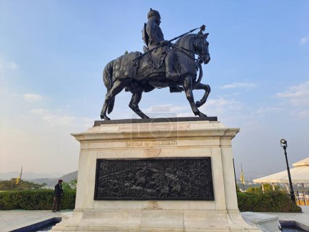 Photo for Statue of Maharana Pratap astride Chetak, his horse at Maharana Pratap Memorial at Moti Magri or Pearl Hill near Fateh Sagar Lake - Royalty Free Image