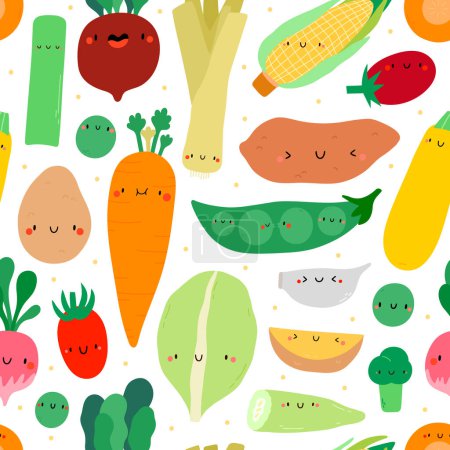 Ilustración de Lindo patrón de verduras frescas sin costura. Textura saludable del vector alimenticio: puerro, papa, rábano, ajo, tomate cherry, batata, zanahoria, remolacha, guisantes dulces. Personajes vegetales con sonrisas - Imagen libre de derechos