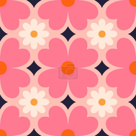 Illustration for Beautiful seamless texture in retro style. Abstract floral tile in retro style. Colorful vector background with simple flowers. Floral tile pattern. - Royalty Free Image