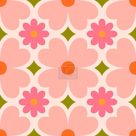 Téléchargez les illustrations : Beautiful seamless texture in retro style. Abstract floral tile in retro style. Colorful vector background with simple flowers. Floral tile pattern. - en licence libre de droit