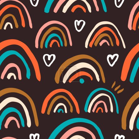 Illustration for Cute seamless pattern with hand drawn rainbows. Vector dreamy texture. Childish background with rainbow and heart - Royalty Free Image