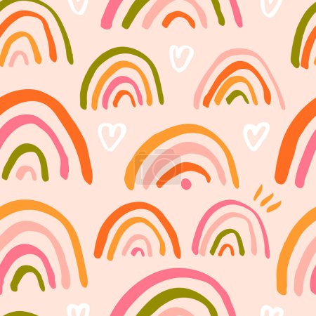 Ilustración de Cute seamless pattern with hand drawn rainbows. Vector dreamy texture. Childish background with rainbow and heart - Imagen libre de derechos
