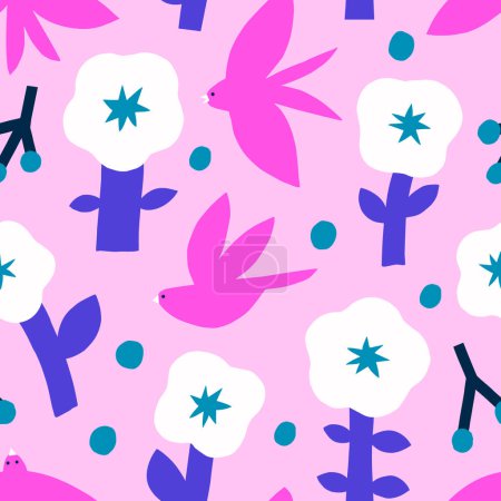 Téléchargez les illustrations : Cute vector pattern with flowers and birds. Seamless texture with cut out flowers, birds, dots and berries. Artistic background in childish naive style - en licence libre de droit