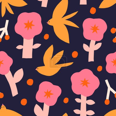 Ilustración de Cute vector pattern with flowers and birds. Seamless texture with cut out flowers, birds, dots and berries. Artistic background in childish naive style - Imagen libre de derechos