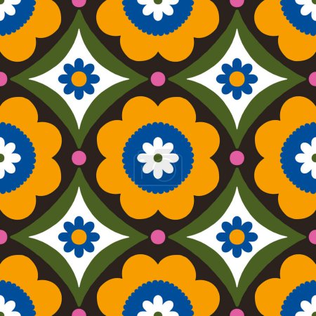 Téléchargez les illustrations : Beautiful abstract pattern with floral tiles. Vector seamless texture with symmetrical design. Background in retro bold style - en licence libre de droit