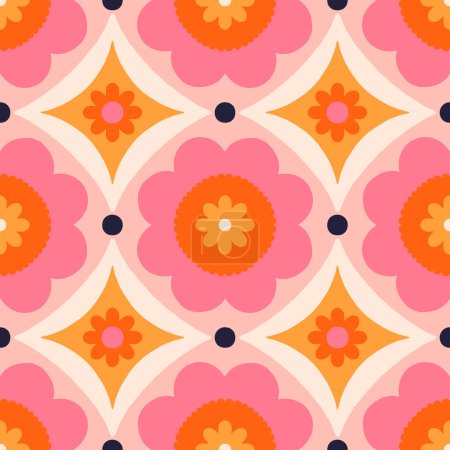 Illustration for Beautiful abstract pattern with floral tiles. Vector seamless texture with symmetrical design. Background in retro bold style - Royalty Free Image