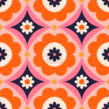 Ilustración de Beautiful abstract pattern with floral tiles. Vector seamless texture with symmetrical design. Background in retro bold style - Imagen libre de derechos