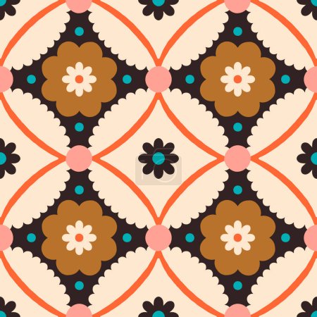 Téléchargez les illustrations : Vector abstract floral tile. Seamless pattern with geometrical flowers and shapes. Background in retro style - en licence libre de droit