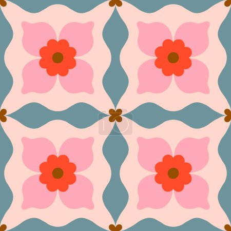 Illustration for Simple floral tiled pattern. Vector seamless texture with symmetrical flowers and geometrical shapes. Beautiful background in retro style - Royalty Free Image
