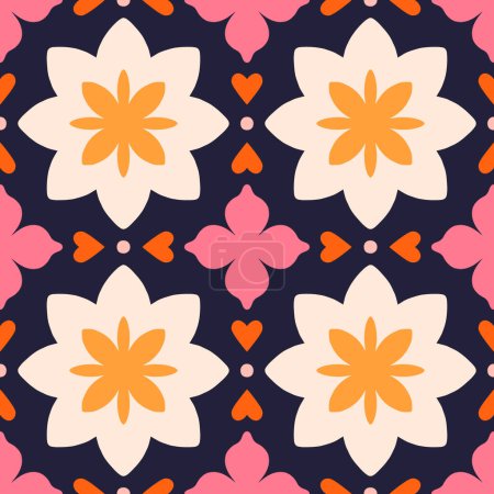 Ilustración de Seamless pattern with abstract flowers and hearts. Vector texture in retro style. Floral tile background. - Imagen libre de derechos