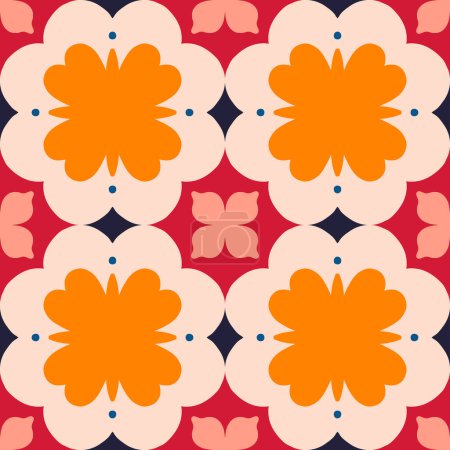 Téléchargez les illustrations : Seamless pattern with decorative floral tile. Floral vector background. Abstract flowers and geometric shapes texture. - en licence libre de droit