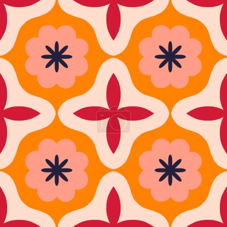 Téléchargez les illustrations : Beautiful repetitive floral tile. Vector seamless pattern with abstract shapes and flowers. Modern tile background - en licence libre de droit