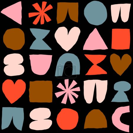Illustration for Vector pattern with different abstract shapes. Artistic texture with paper cut elements. Modern background with cutout circle, heart, square, triangle, and other abstract shapes - Royalty Free Image