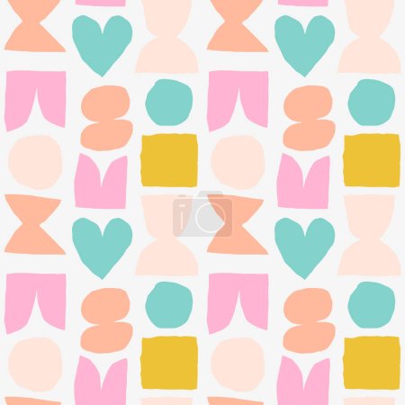 Cute and simple pattern with cut out abstract shapes. Colourful seamless texture with heart, circle, square and abstract figures. Hand drawn modern background in vivid colours