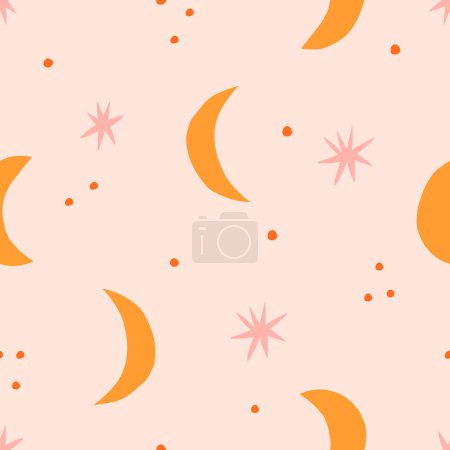 Illustration for Abstract night sky seamless pattern. Hand drawn Crescent and Stars vector texture. Celestial background in retro style - Royalty Free Image