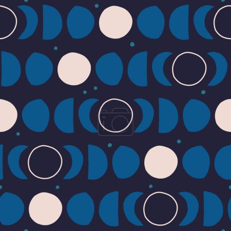 Ilustración de Patrón abstracto dibujado a mano del ciclo lunar. Luna Llena, Media Luna y Estrellas textura. Cielo nocturno de ensueño fondo - Imagen libre de derechos