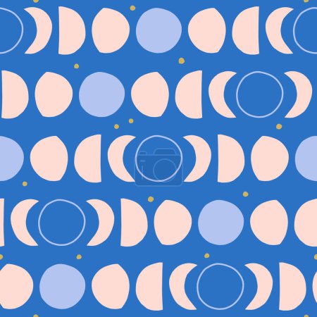 Téléchargez les illustrations : Modèle abstrait dessiné à la main du cycle lunaire. Texture Pleine lune, croissant et étoiles. Fond de ciel nocturne rêveur - en licence libre de droit