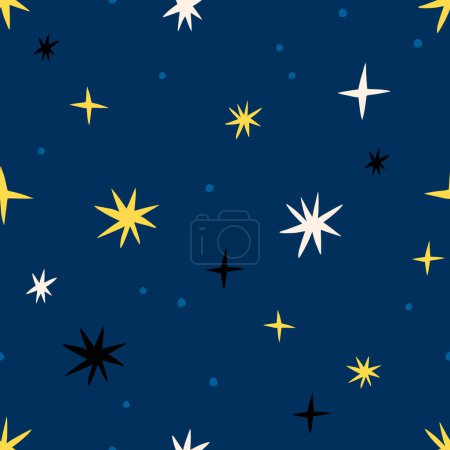 Illustration for Abstract seamless texture with different Stars. Hand drawn star background in retro style. Vector dreamy sky pattern - Royalty Free Image