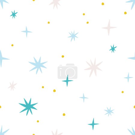 Téléchargez les illustrations : Texture transparente abstraite avec différentes étoiles. Fond étoilé dessiné à la main dans un style rétro. Modèle de ciel de rêve vectoriel - en licence libre de droit