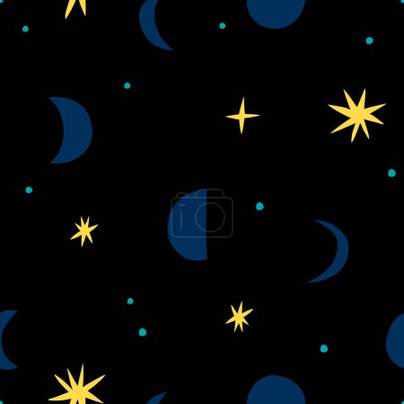Moon and Stars seamless pattern. Vector celestial texture with different Moons and shiny Stars. Abstract Lunar background