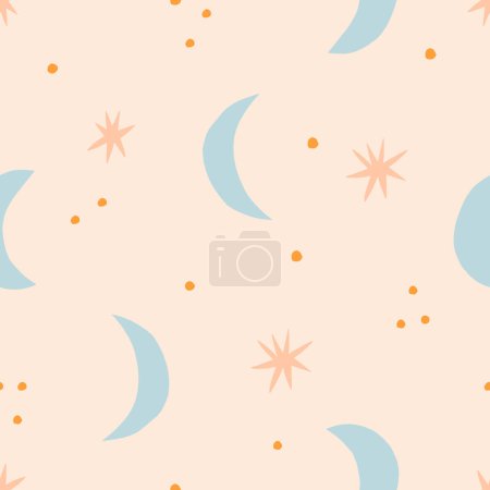 Illustration for Abstract night sky seamless pattern. Hand drawn Crescent and Stars vector texture. Celestial background in retro style - Royalty Free Image