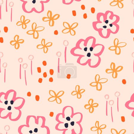 Illustration for Beautiful Floral Field vector texture. Seamless floral pattern with hand drawn ink flowers and leaves. Abstract botanical background - Royalty Free Image