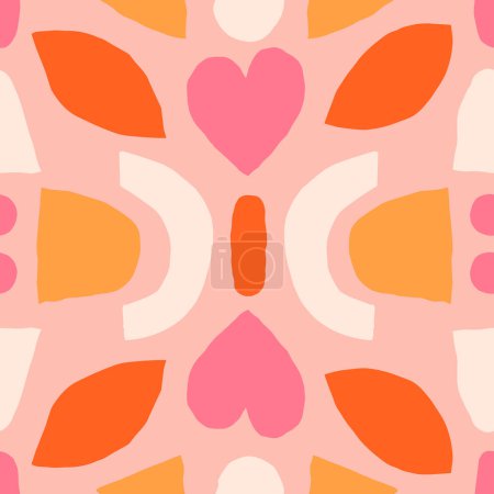 Illustration for Cute seamless texture with symmetrical composition. Vector collage pattern with repeated elements. Cut out abstract shapes background - Royalty Free Image
