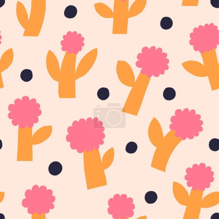 Illustration for Cute floral pattern in retro style. Seamless vector texture with simple bold flowers. Cut out flowers and dots background - Royalty Free Image