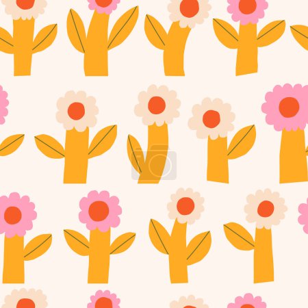 Illustration for Cute and simple floral background. Seamless vector pattern with hand drawn bold flowers. Fun botanical texture - Royalty Free Image