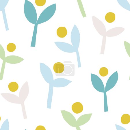 Téléchargez les illustrations : Mignon motif sans couture avec des fleurs et des feuilles abstraites. Texture botanique vectorielle. Fond moderne avec des plantes découpées - en licence libre de droit