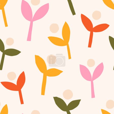 Illustration for Cute seamless pattern with abstract flowers and leaves. Vector botanical texture. Modern background with cut out plants - Royalty Free Image