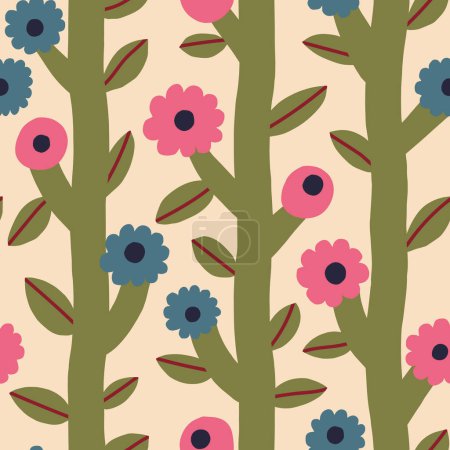 Illustration for Beautiful floral pattern with bold flowers and leaves. Botanical texture with vertical blooming plants. Simple and cute background with hand drawn flowers - Royalty Free Image