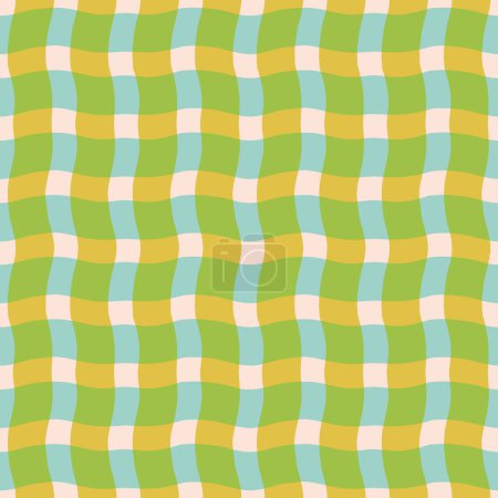 Illustration for Funky wavy checkered lines pattern. Vector seamless plaid texture with overlaid colourful  lines. Modern geometrical background - Royalty Free Image