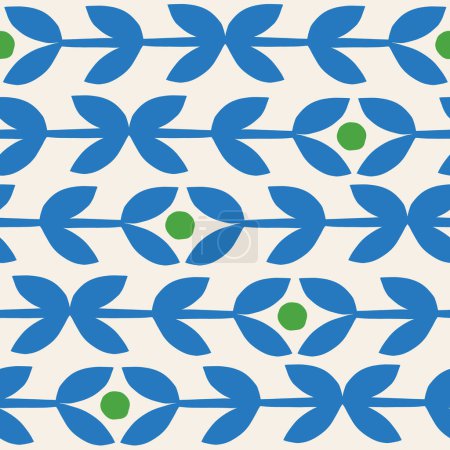Ilustración de Sencilla textura botánica sin costuras. Patrón vectorial con motivo botánico. Flores y hojas simples, fondo natural - Imagen libre de derechos