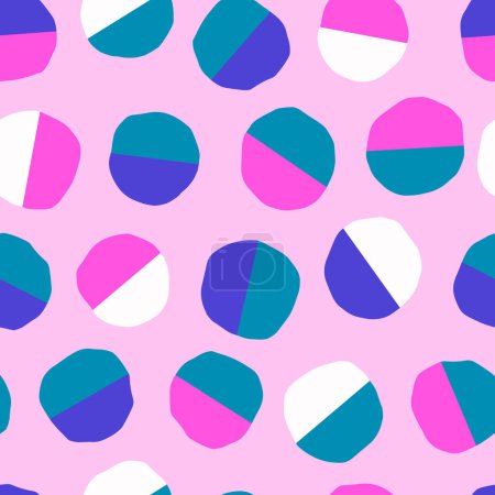 Illustration for Playful geometrical seamless pattern with colourful round shapes. Cute vector texture with half coloured balls. Creative modern background - Royalty Free Image